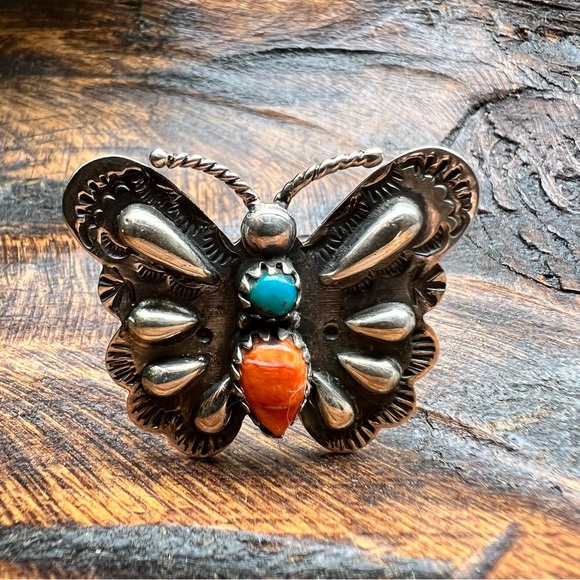 Spiny Oyster & Turquoise Butterfly Statement Ring | 925 Sterling | Size 8 - Picture 5 of 13